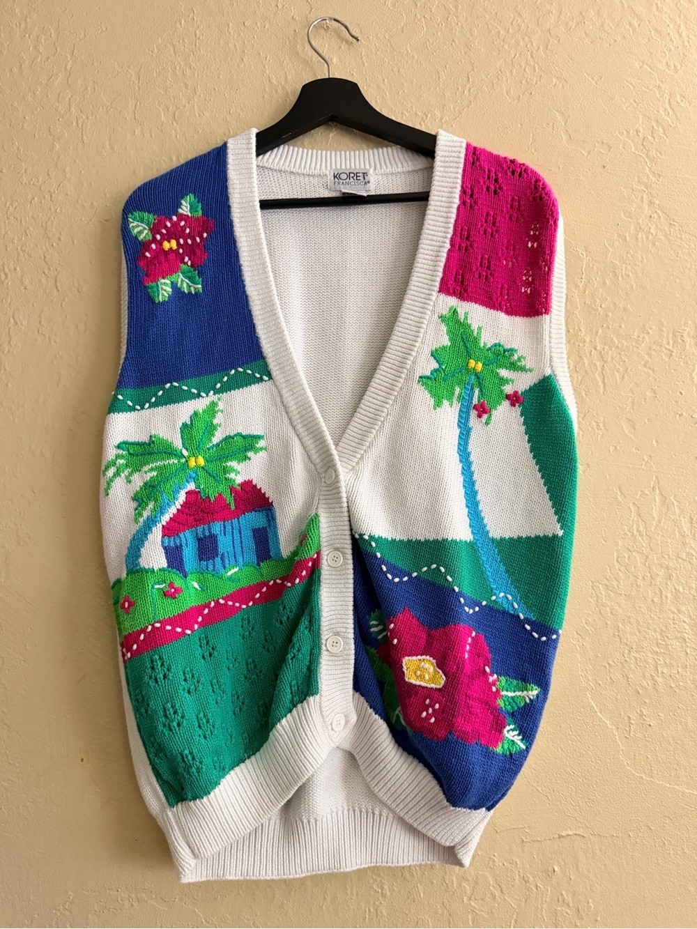 Koret White Tropical Print Button-Up Sweater Vest with Bright Accents